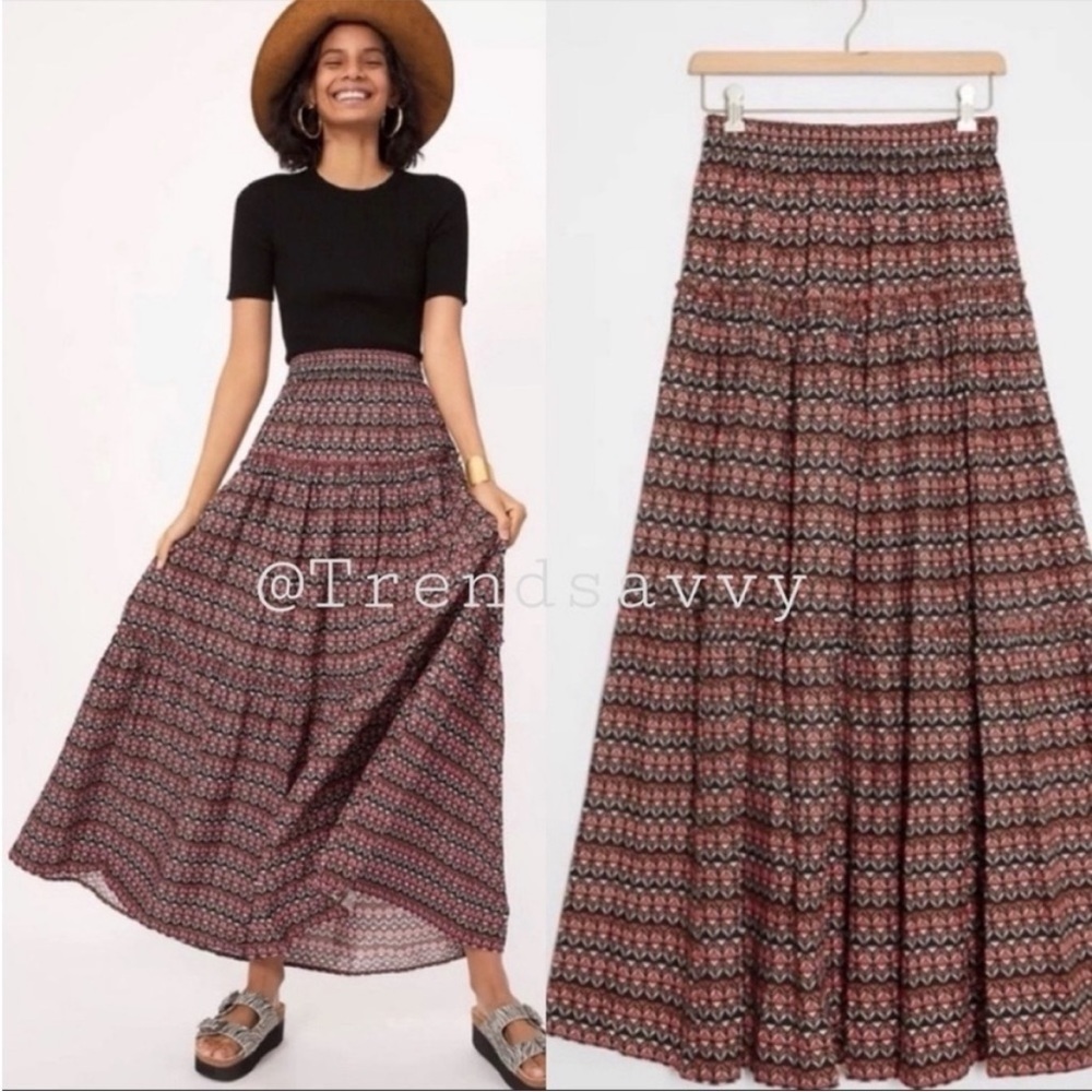 Anthropologie Neeru Kumar Farya Boho Tiered Maxi Skirt Indian Block Print